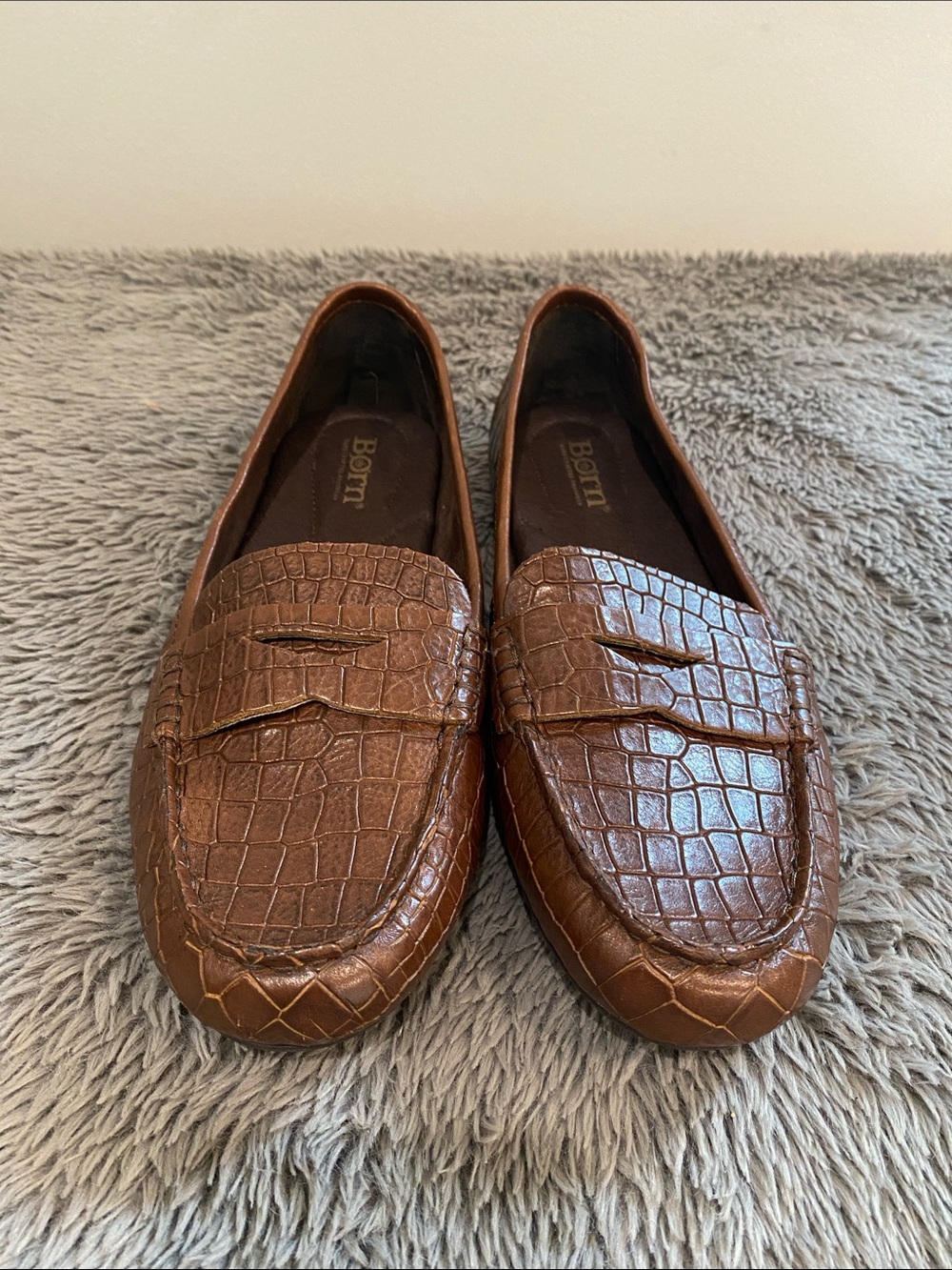 Born Malena croc print leather slip on driving shoe brown 8.5 penny loafer NWOT - Picture 3 of 12